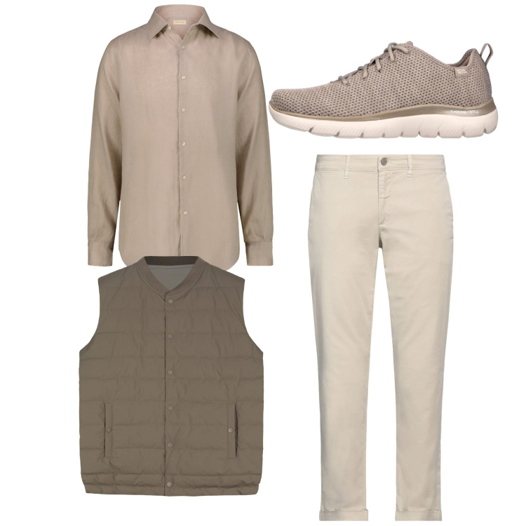 Outfit uomo - Argilla. Stile Casual per Tutti i giorni. Abbinamento con pantaloni chino, sneakers, camicie, gilet.