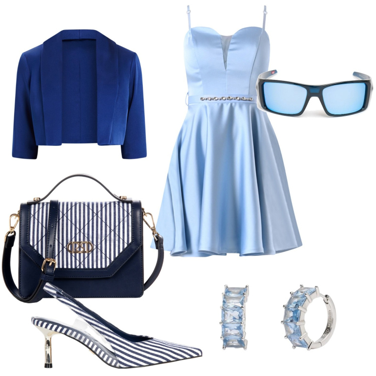 Outfit donna - Madrina alla cresima. Stile Glamour per Cerimonia. Abbinamento con orecchini, vestiti corti, décolleté, bolero, borse a mano, occhiali da sole.