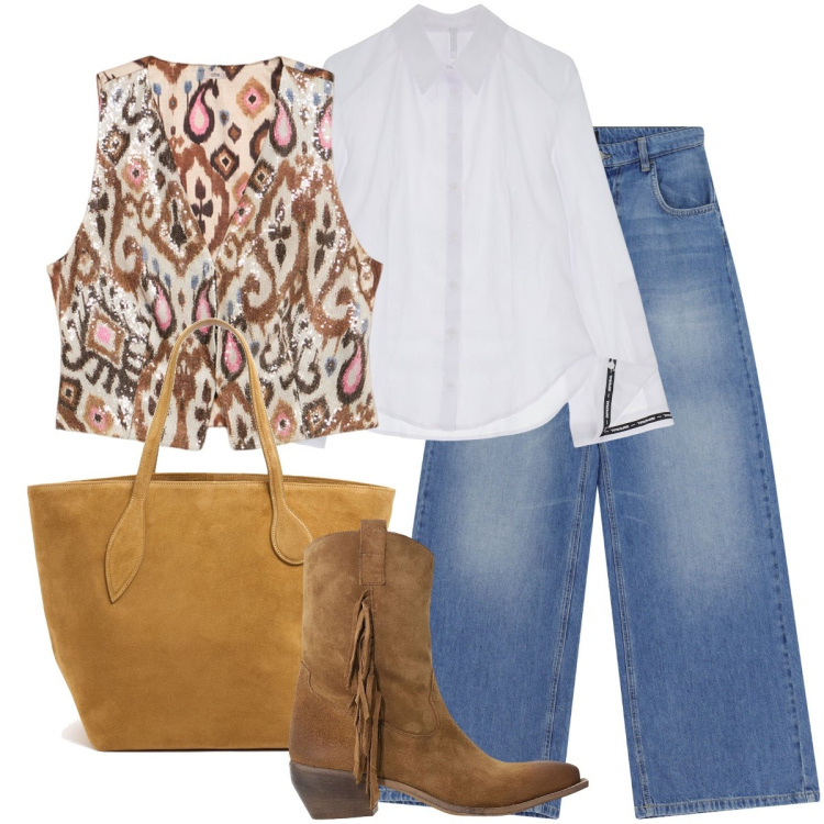 Outfit donna - Un po’ country. Stile Boho per Tutti i giorni. Abbinamento con camicie, jeans, stivali, gilet, shopping bag.