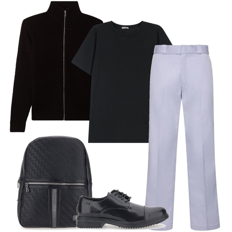 Outfit uomo - Con la t-shirt in ufficio. Stile Business/Elegante per Ufficio. Abbinamento con cardigans, t-shirt, borse sportive, scarpe stringate, pantaloni.