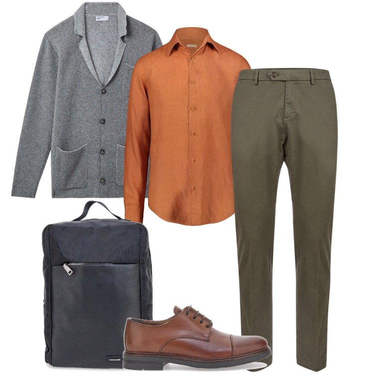 Outfit uomo - La camicia arancione. Stile Business/Elegante per Ufficio. Abbinamento con giacche, scarpe stringate, pantaloni chino, camicie, borse sportive.