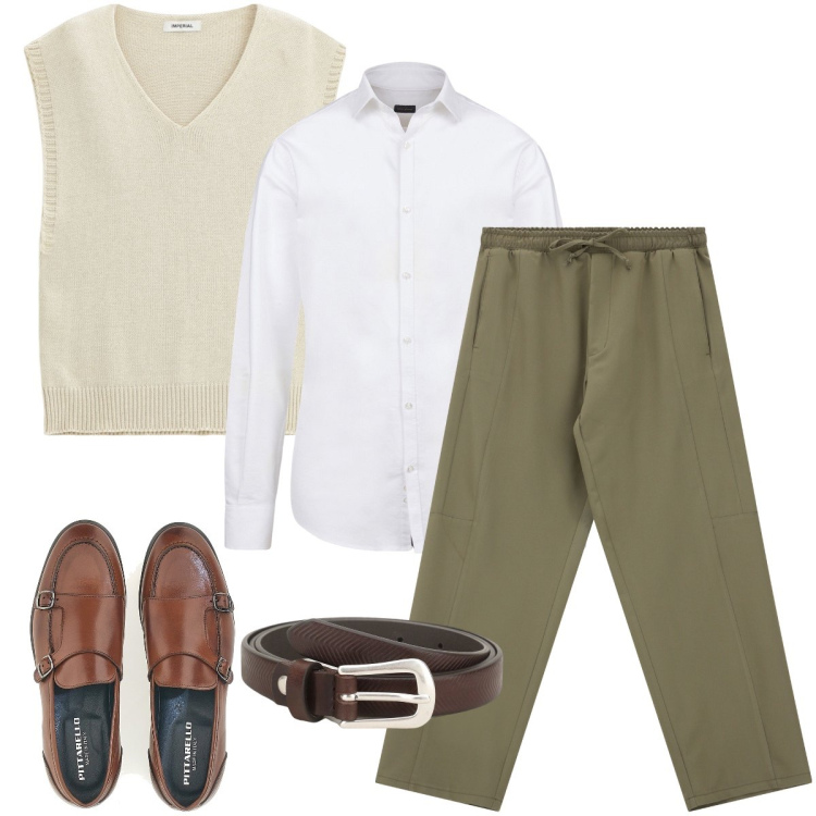 Outfit uomo - Con il gilet. Stile Trendy per Ufficio. Abbinamento con pantaloni cargo, cinture, maglieria, scarpe stringate, camicie.