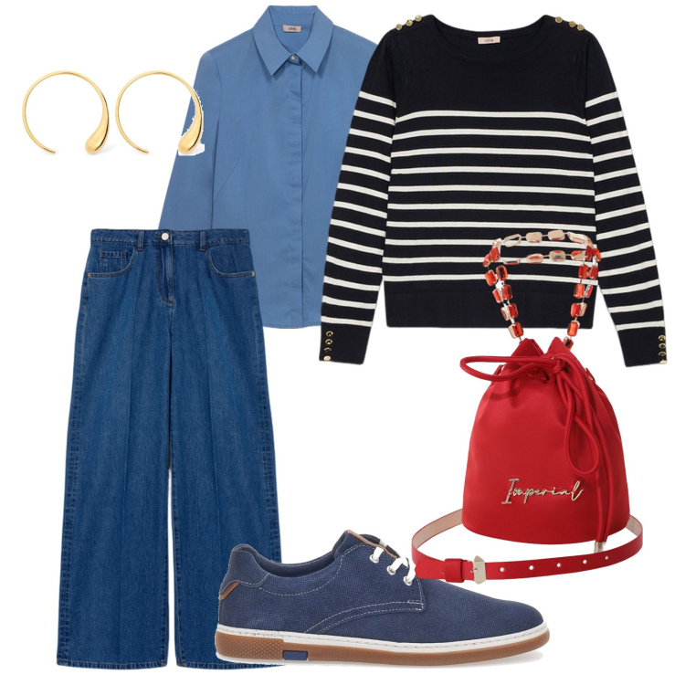 Outfit donna - Una passeggiata al mare. per Mare. Abbinamento con borse a secchiello, scarpe stringate, maglieria, orecchini, jeans, camicie.
