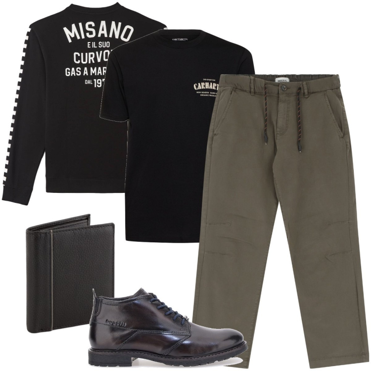 Outfit uomo - Serata allo stadio. Stile Urban per Serata speciale. Abbinamento con felpe, pantaloni, scarpe stringate, portafogli, t-shirt.