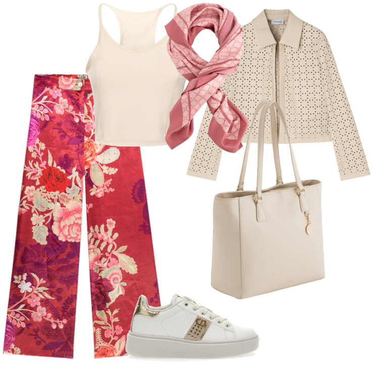 Outfit donna - In città. per Mare. Abbinamento con sneakers, top, shopping bag, foulard, blazer, pantaloni a palazzo.