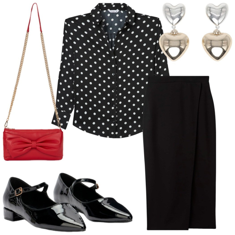 Outfit donna - Il ritorno dei pois. Stile Trendy per Tutti i giorni. Abbinamento con gonne longuette, camicie, orecchini, ballerine, borse a tracolla.