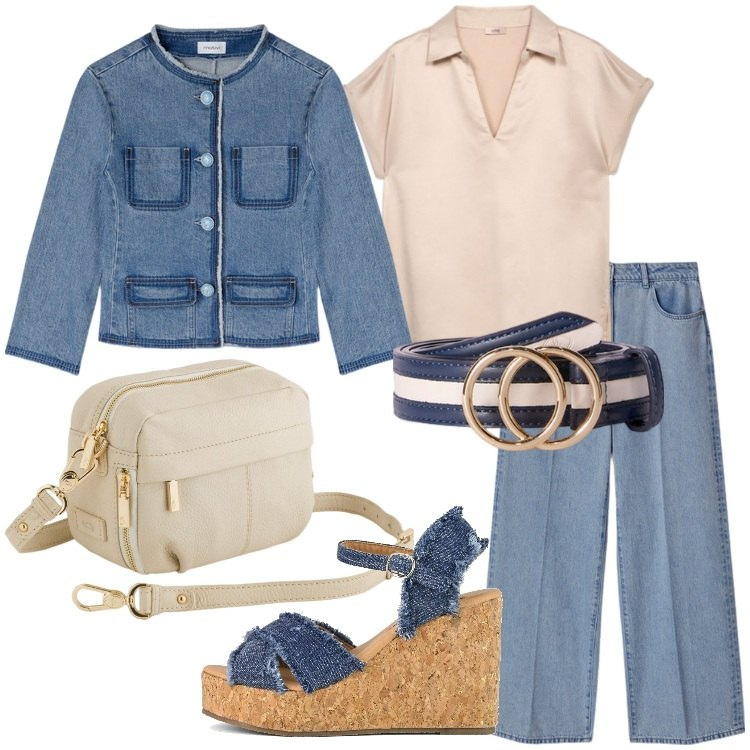 Outfit donna - New Shop! Motivi, Oltre, Carpisa. Stile Basic per Tutti i giorni. Abbinamento con zeppe, jeans, t-shirt, blazer, borse a tracolla, cinture.