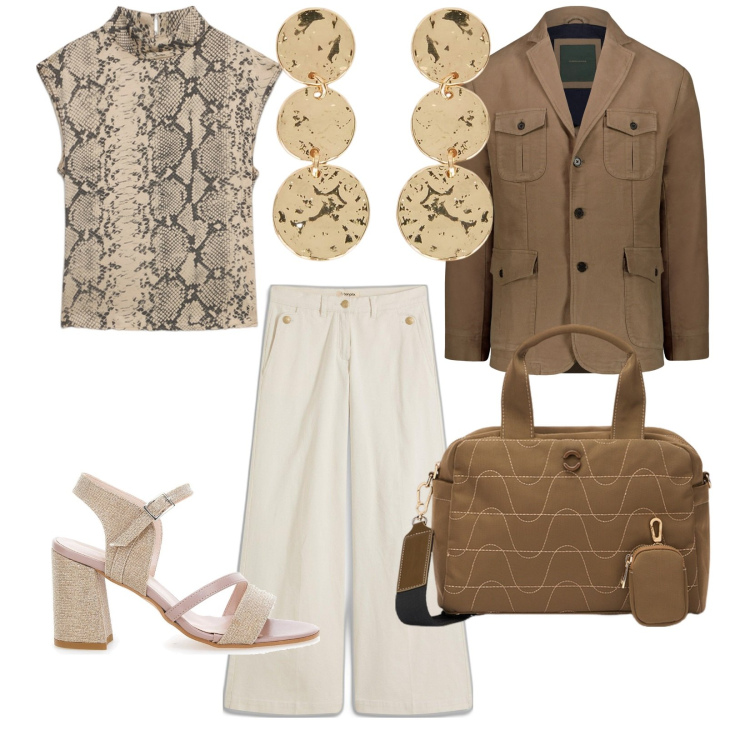 Outfit donna - In città. per Tutti i giorni. Abbinamento con pantaloni, orecchini, blazer, borse a mano, bluse, sandali col tacco.