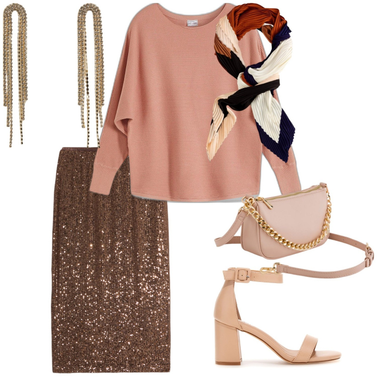 Outfit donna - Serata in terrazza. per Serata fuori. Abbinamento con maglieria, orecchini, sandali col tacco, gonne longuette, foulard, borse a tracolla.