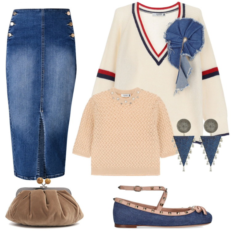Outfit donna - Giocare col jeans. Stile Casual chic per Tutti i giorni. Abbinamento con gonne longuette, maglieria, maglieria, ballerine, orecchini, pochette.