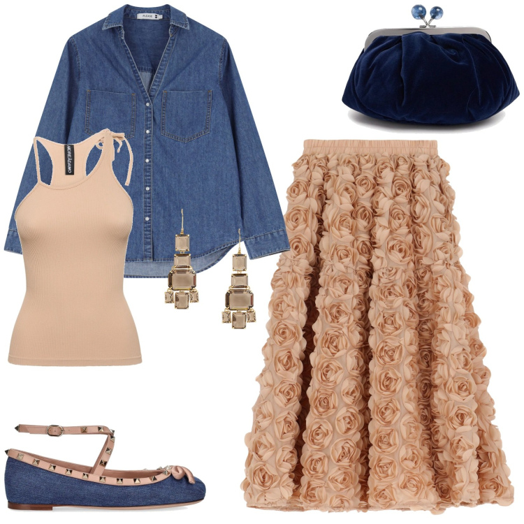 Outfit donna - Jeans in tutte le occasioni. Stile Glamour per Serata fuori. Abbinamento con camicie, gonne, orecchini, ballerine, pochette, canottiere.