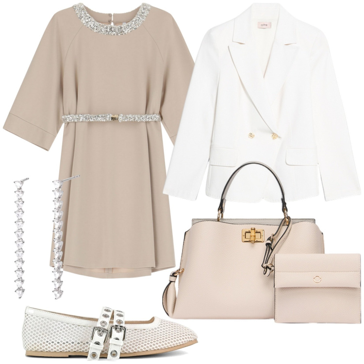Outfit donna - Ballerine bianche. Stile Bon Ton per Tutti i giorni. Abbinamento con orecchini, vestiti corti, ballerine, borse a mano, blazer.
