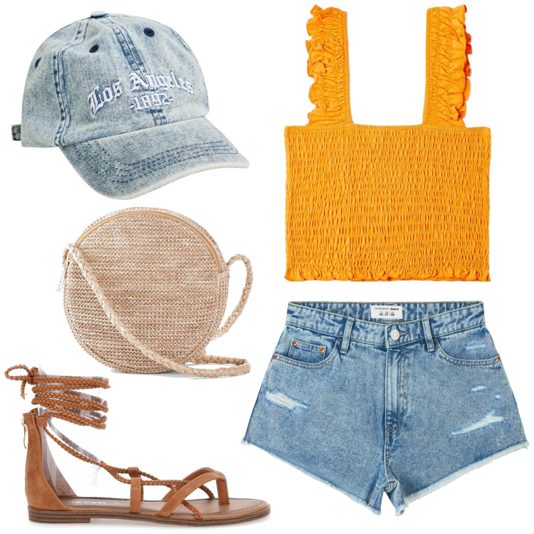 Outfit donna - Anticipo d\'estate. Stile Casual per Tutti i giorni. Abbinamento con borse a tracolla, top, shorts, cappelli con visiera, sandali alla schiava.