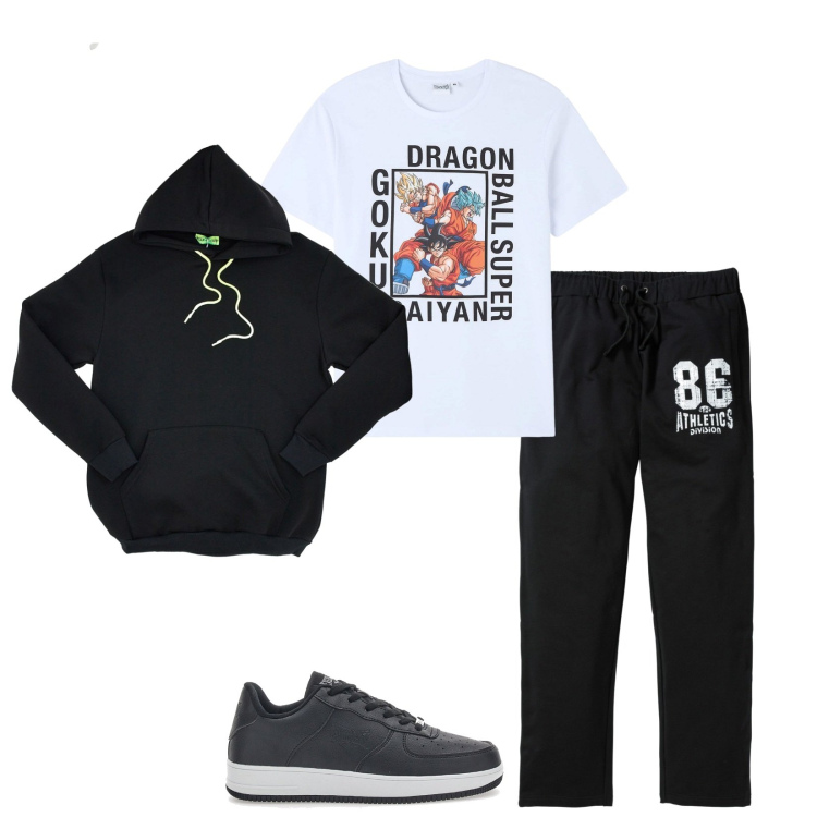 Outfit uomo - Sport. Stile Casual per Sport. Abbinamento con pantaloni, t-shirt, sneakers, felpe con cappuccio.
