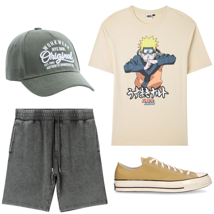 Outfit uomo - Ho già caldo. Stile Casual per Tutti i giorni. Abbinamento con t-shirt, pantaloni corti, cappelli, sneakers.