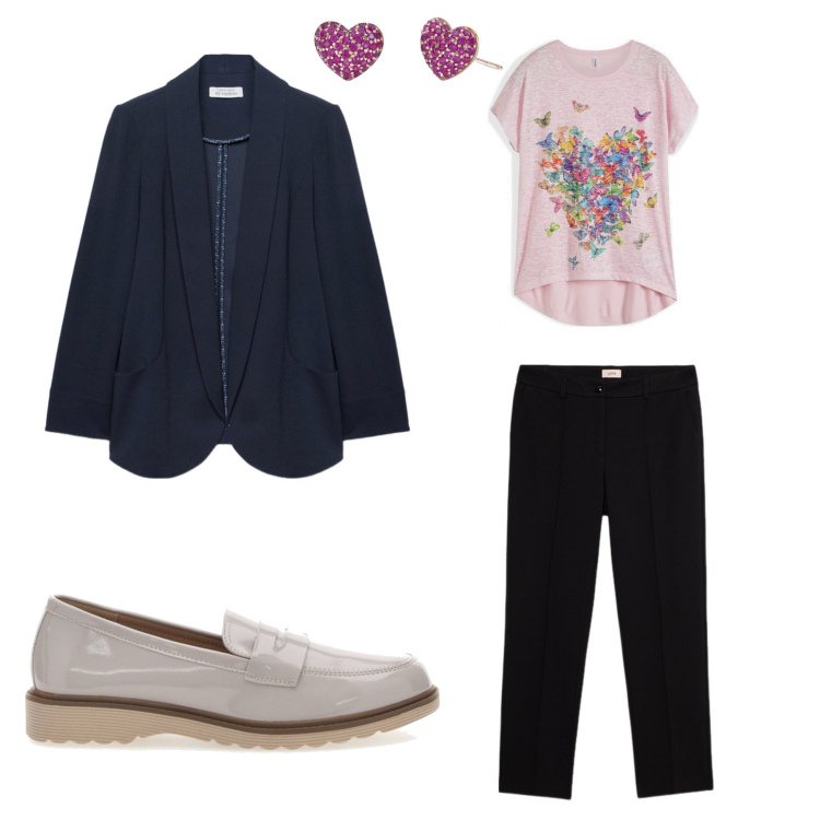 Outfit donna - Minimalist. Stile Casual per Tutti i giorni. Abbinamento con maglieria, orecchini, mocassini, pantaloni, blazer.