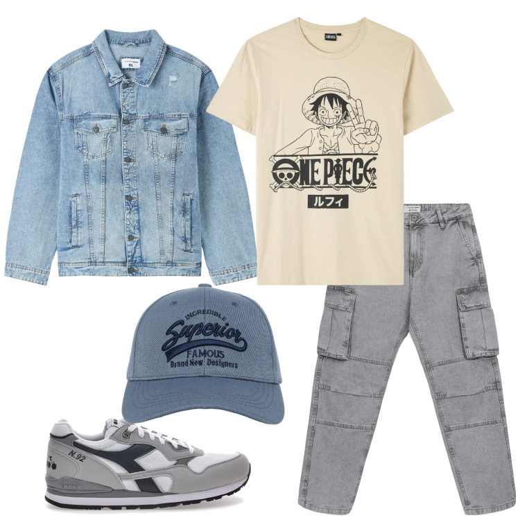 Outfit uomo - Total look #2100354. Stile Casual per Tutti i giorni. Abbinamento con giacche, cappelli con visiera, t-shirt, jeans, sneakers.