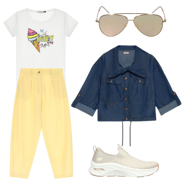 Outfit donna - Pantaloni gialli per il tempo libero. Stile Casual per Tutti i giorni. Abbinamento con t-shirt, pantaloni, sneakers, occhiali da sole, blazer.