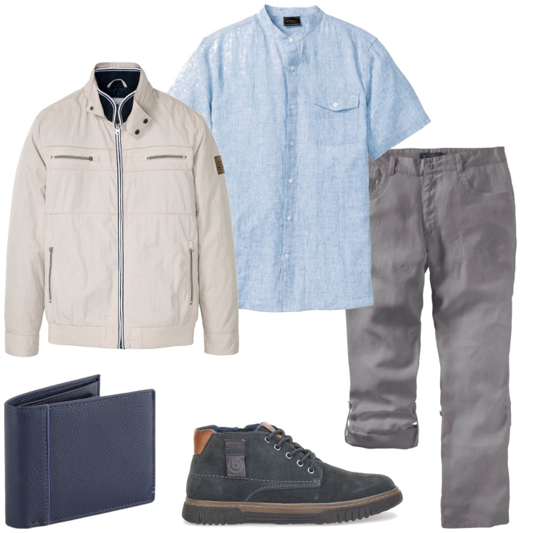 Outfit uomo - Mix and match. Stile Casual per Tutti i giorni. Abbinamento con camicie a manica corta, pantaloni, giacche, scarpe stringate, portafogli.