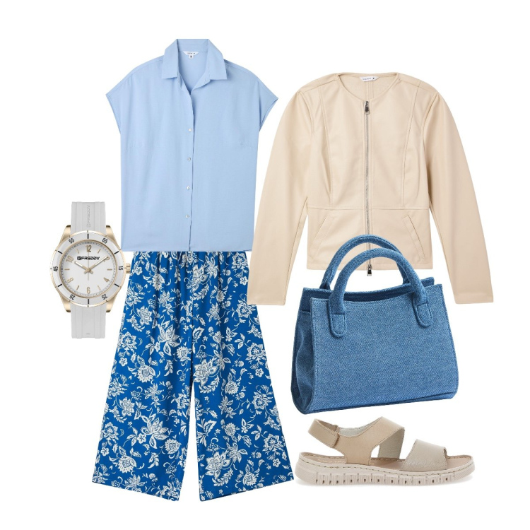 Outfit donna - Sky&Print. Stile Casual per Tutti i giorni. Abbinamento con pantaloni a palazzo, camicie, blazer, borse a tracolla, orologi, sandali.