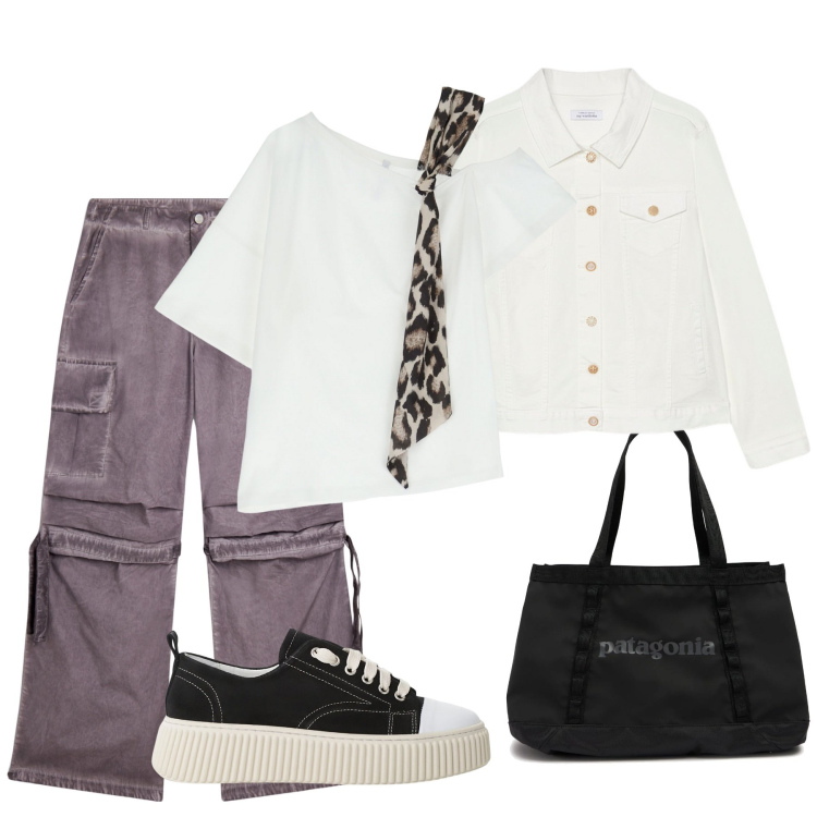 Outfit donna - Passeggiando al parco. Stile Trendy per Tutti i giorni. Abbinamento con sneakers, t-shirt, pantaloni cargo, blazer, shopping bag.