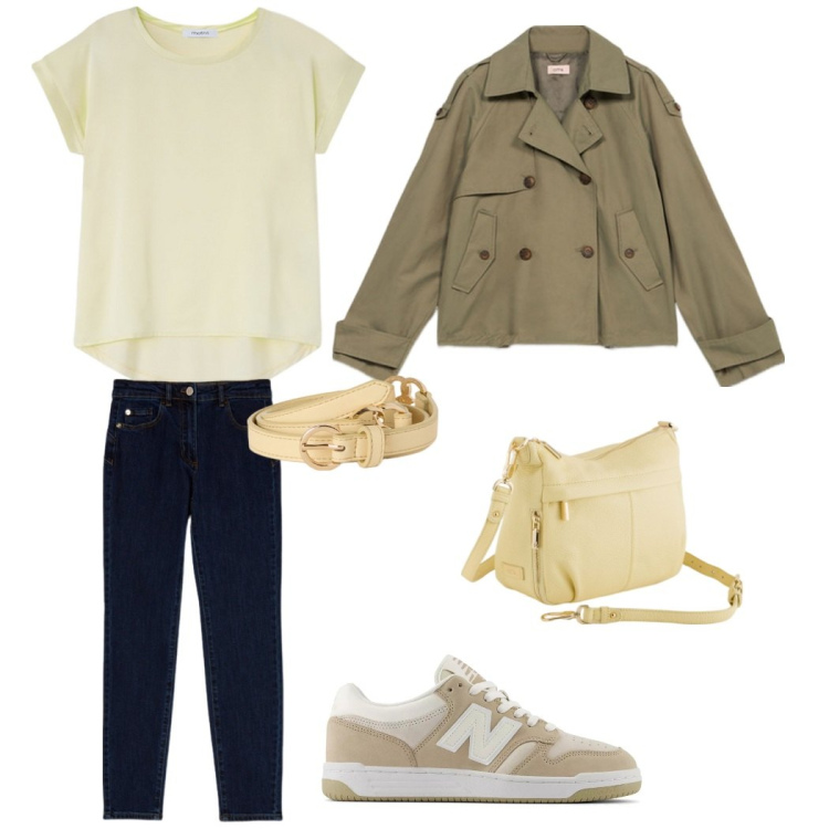 Outfit donna - A spasso per la città. Stile Urban per Tutti i giorni. Abbinamento con sneakers, trench, t-shirt, jeans skinny, borse a tracolla, cinture.