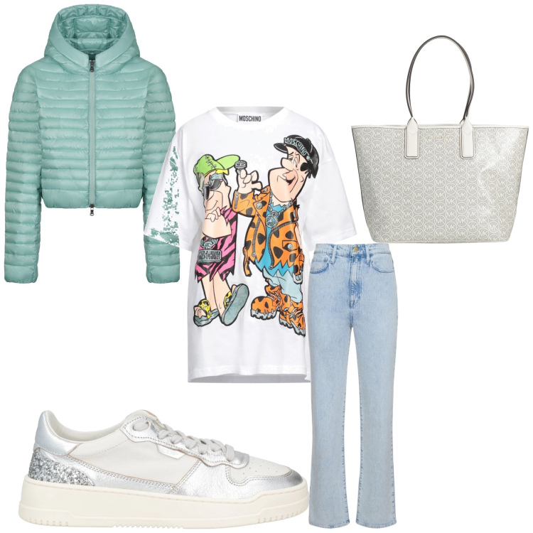 Outfit donna - T shirt simpatica. Stile Basic per Tutti i giorni. Abbinamento con t-shirt, borse a mano, sneakers, piumini, jeans.