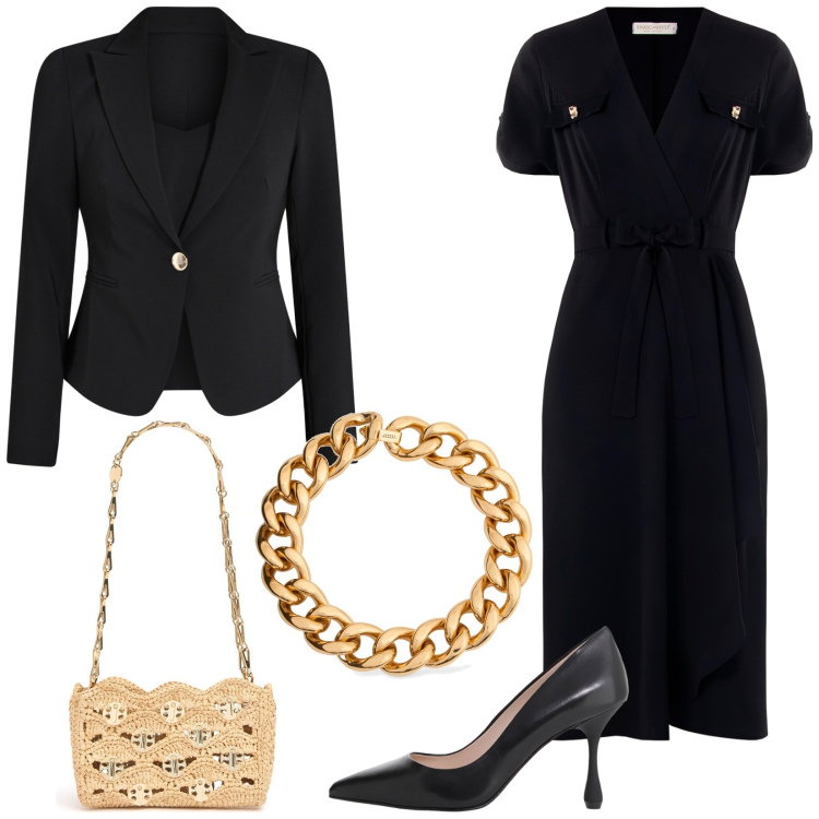 Outfit donna - Evento. Stile Glamour per Serata fuori. Abbinamento con blazer, vestiti chemisier, décolleté, collane, borse a spalla.