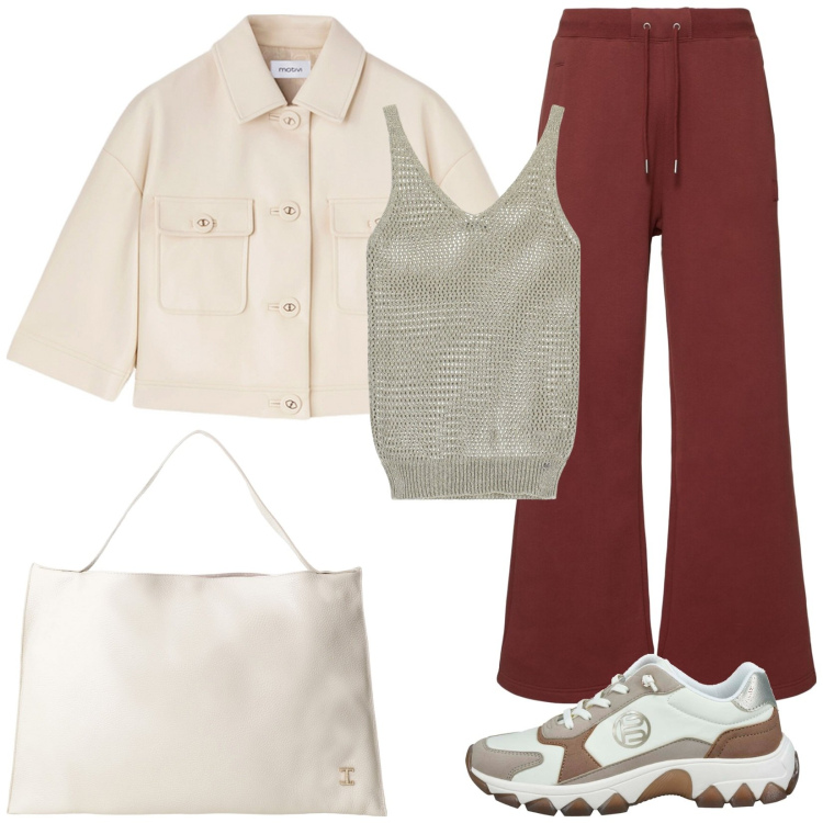 Outfit donna - Beige e bordeaux. Stile Casual per Tutti i giorni. Abbinamento con canottiere, borse a spalla, sneakers, blazer, pantaloni.