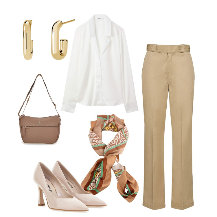 Outfit donna - In ufficio. Stile Casual chic per Ufficio. Abbinamento con bluse, orecchini, décolleté, borse a tracolla, pantaloni, foulard.