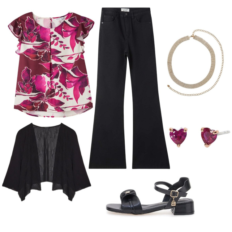 Outfit donna - Giovanna. Stile Romantica per Cerimonia. Abbinamento con bluse, jeans a zampa, collane, orecchini, sandali col tacco, bolero.