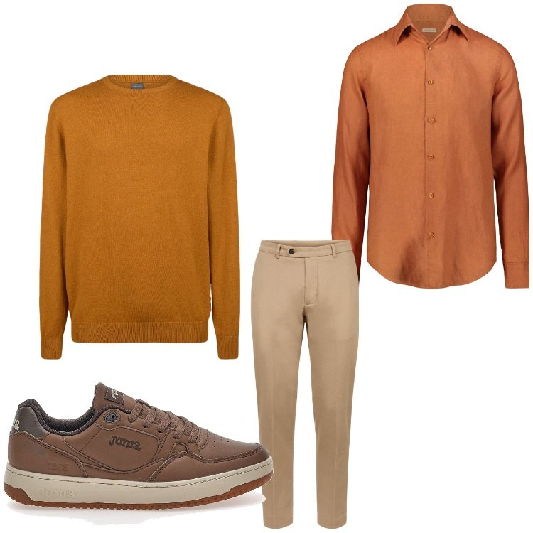 Outfit uomo - Colori caldi. Stile Business/Elegante per Ufficio. Abbinamento con maglieria, pantaloni, sneakers, camicie.