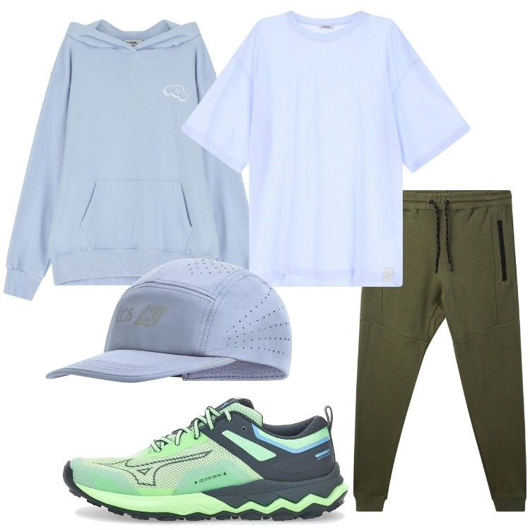 Outfit uomo - Sportivo a primavera. Stile Casual per Sport. Abbinamento con pantaloni sportivi, cappelli, t-shirt, felpe con cappuccio, scarpe sportive.