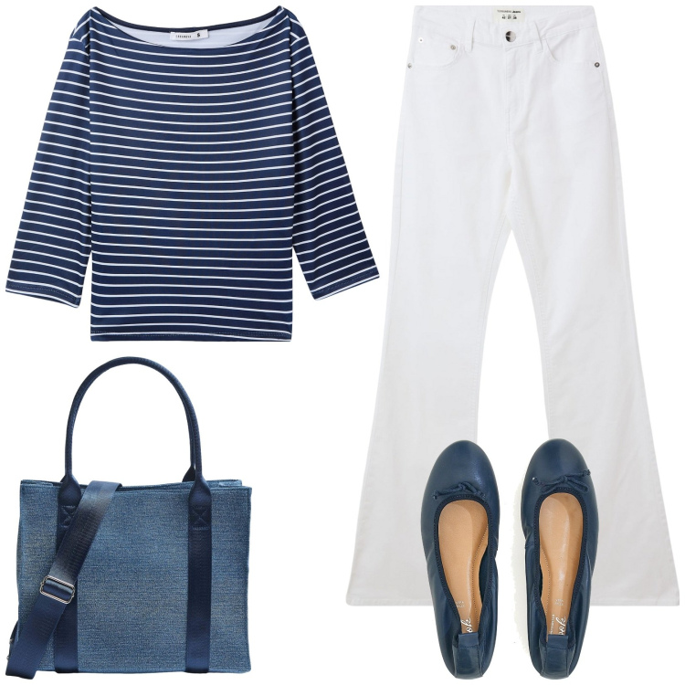 Outfit donna - T-shirt a righe. Stile Casual per Tutti i giorni. Abbinamento con jeans a zampa, shopping bag, t-shirt, ballerine.