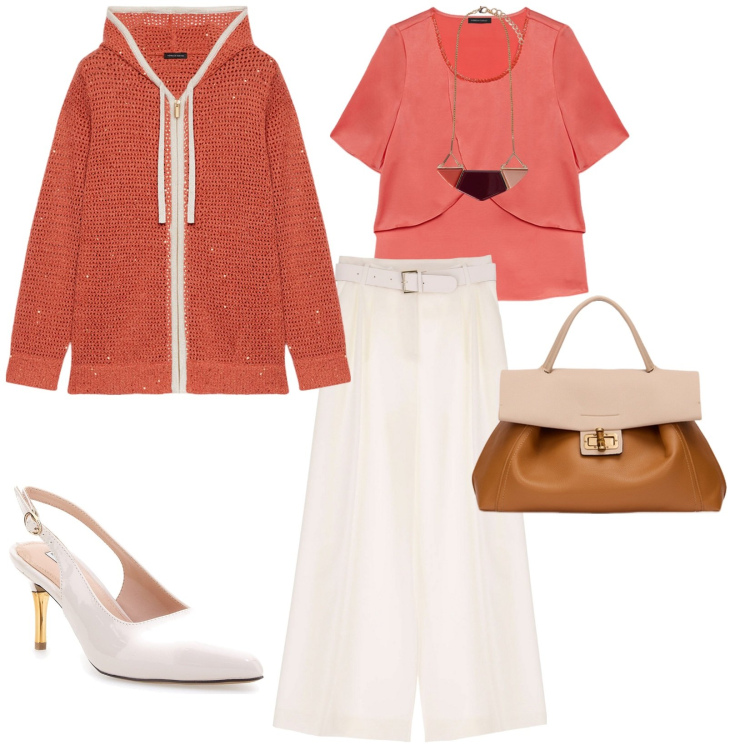 Outfit donna - A scuola. per Scuola/Università. Abbinamento con pantaloni a palazzo, bluse, cardigans, décolleté, ciondoli, borse a tracolla.