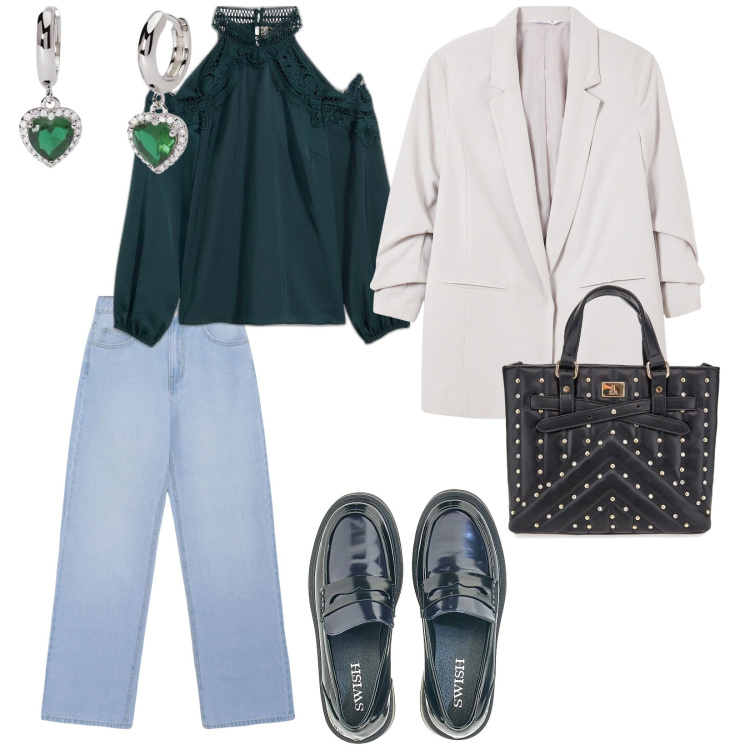 Outfit donna - Un jeans per il giorno. per Tutti i giorni. Abbinamento con tuniche, jeans, blazer, orecchini, mocassini, borse a mano.