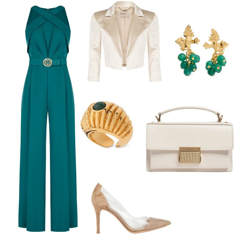 Outfit donna - Tempo di matrimoni. Stile Glamour per Cerimonia. Abbinamento con décolleté, bolero, tute, anelli, borse a mano, orecchini.