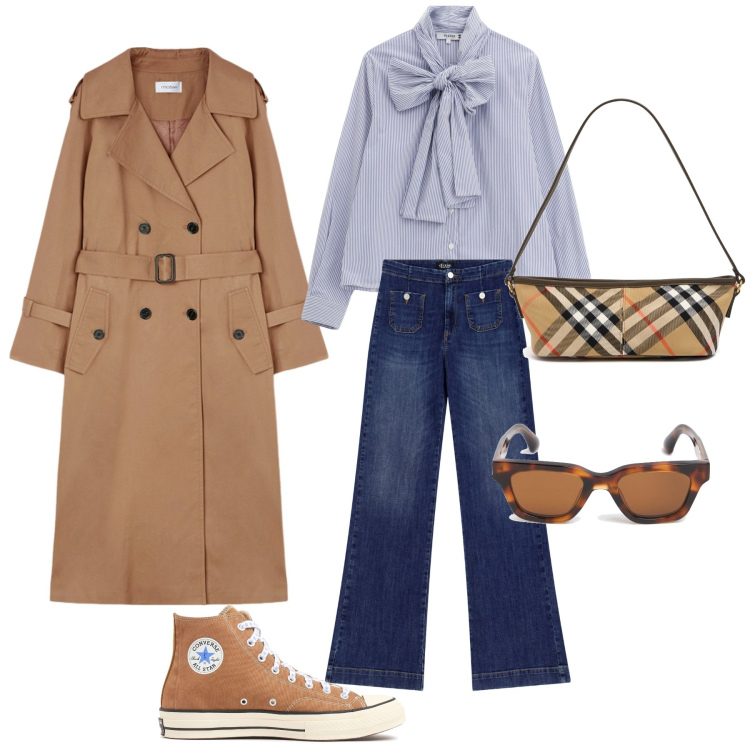 Outfit donna - Una mattinata con le amiche. Stile Casual per Tutti i giorni. Abbinamento con camicie, jeans a zampa, trench, occhiali da sole, sneakers, borse a mano.