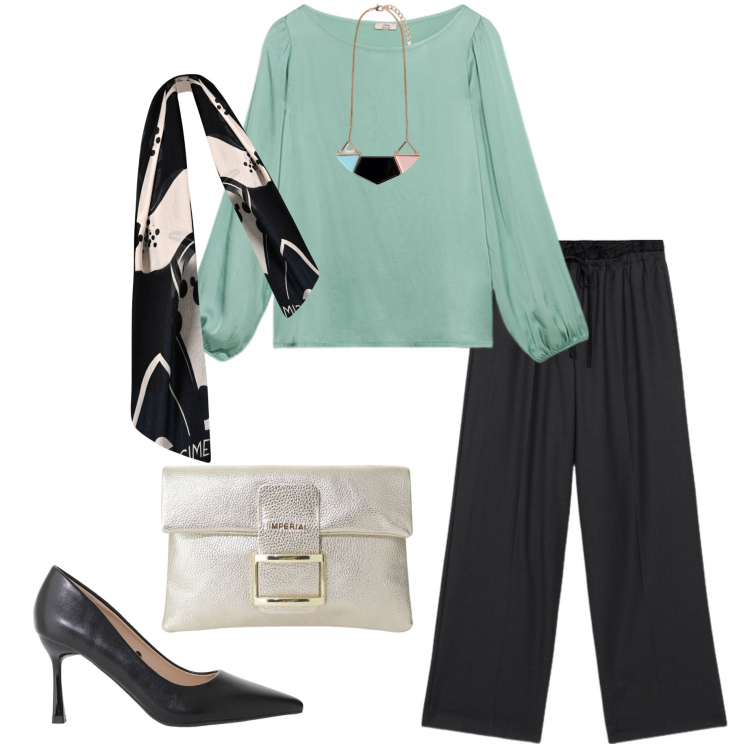 Outfit donna - A cena fuori. Stile Chic per Serata fuori. Abbinamento con sciarpe, décolleté, pochette, bluse, ciondoli, pantaloni a palazzo.