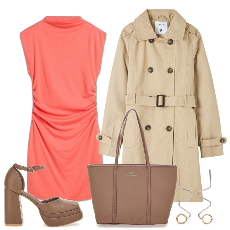 Outfit donna - Trench chic. Stile Chic per Tutti i giorni. Abbinamento con vestiti corti, trench, décolleté, orecchini, borse a spalla.