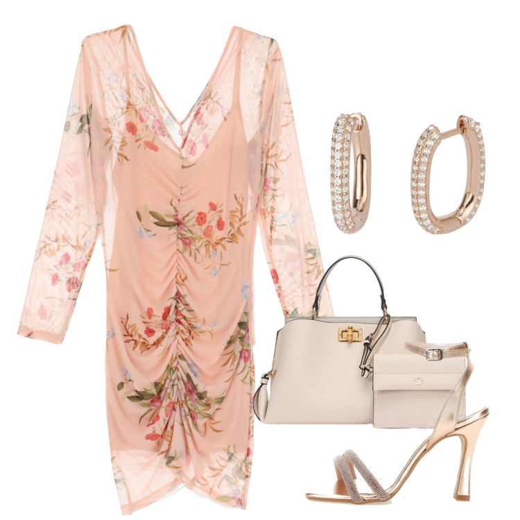 Outfit donna - Drappeggi floreali. Stile Glamour per Tutti i giorni. Abbinamento con orecchini, vestiti corti, sandali col tacco, borse a mano.