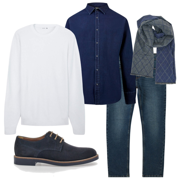 Outfit uomo - Casual style. Stile Casual per Ufficio. Abbinamento con jeans, maglieria, sciarpe, scarpe stringate, camicie.