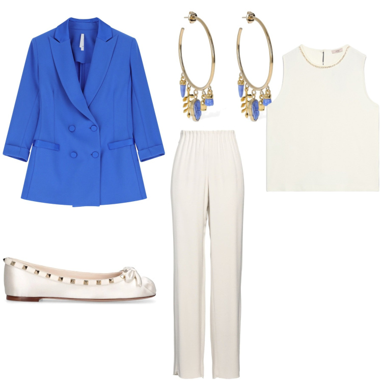 Outfit donna - Comunione primaverile. Stile Bon Ton per Cerimonia. Abbinamento con pantaloni, blazer, top, ballerine, orecchini.