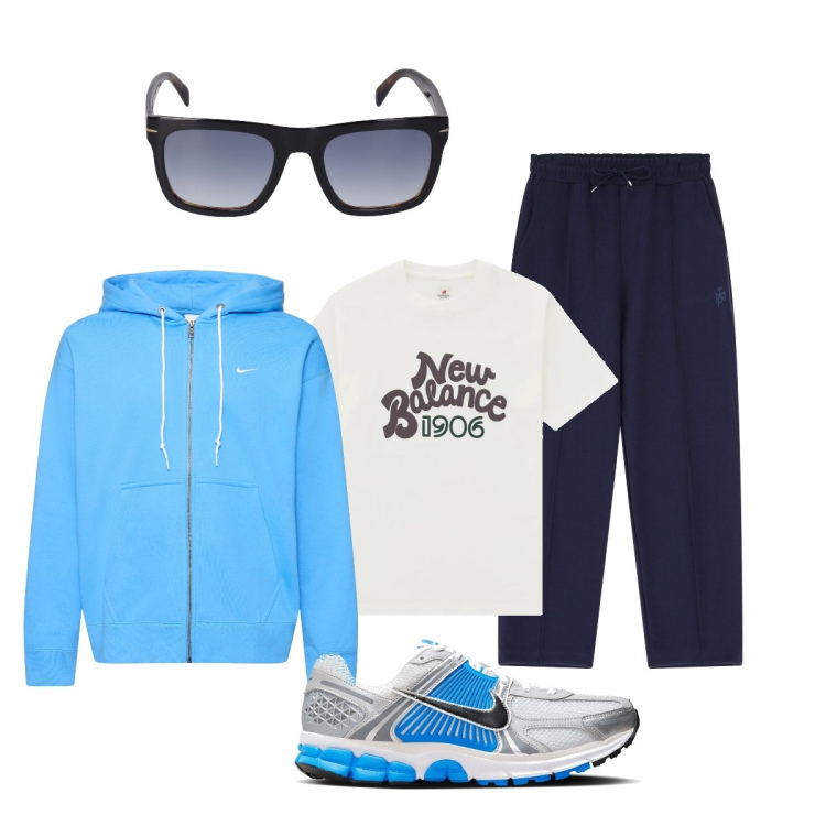 Outfit uomo - Total look #2100437. Stile Casual per Sport. Abbinamento con t-shirt sportive, pantaloni sportivi, occhiali da sole, felpe con cappuccio, sneakers.