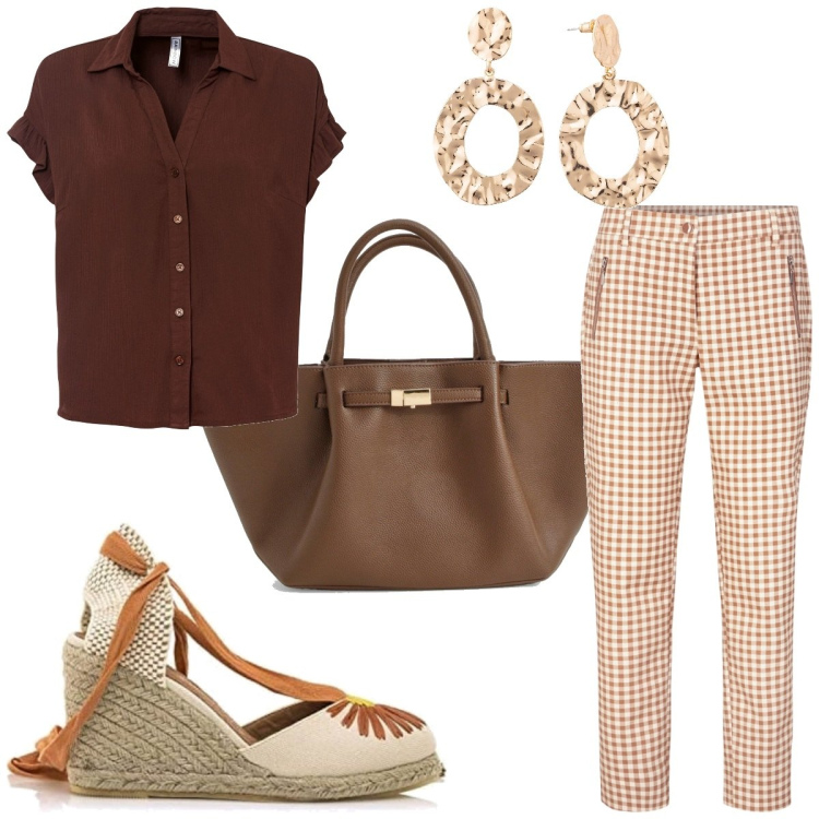 Outfit femme - Basique #1862. Style Basique pour Tous les jours. Assortir avec pantalon , chemises à manches courtes, boucles d'oreilles, sandales à talon, sacs tote.