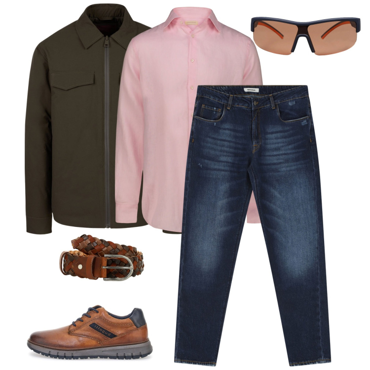 Outfit uomo - sportivo. Stile Trendy per Sport. Abbinamento con occhiali da sole, cinture, jeans dritti, piumini, scarpe stringate, camicie.