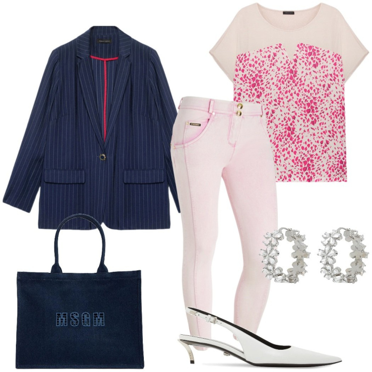 Outfit donna - Il rosa che fa primavera. Stile Casual chic per Ufficio. Abbinamento con orecchini, jeans skinny, blazer, bluse, décolleté, shopping bag.