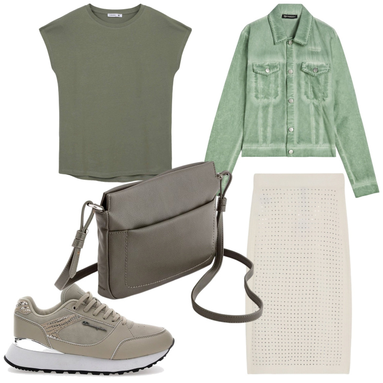 Outfit donna - Bella in verde. Stile Sporty chic per Tutti i giorni. Abbinamento con t-shirt, blazer, sneakers, gonne, borse a tracolla.