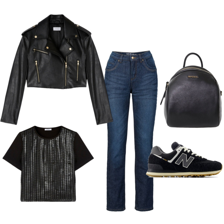 Outfit donna - Serata rock. Stile Casual per Serata fuori. Abbinamento con jeans dritti, sneakers, zaini, t-shirt, blazer.