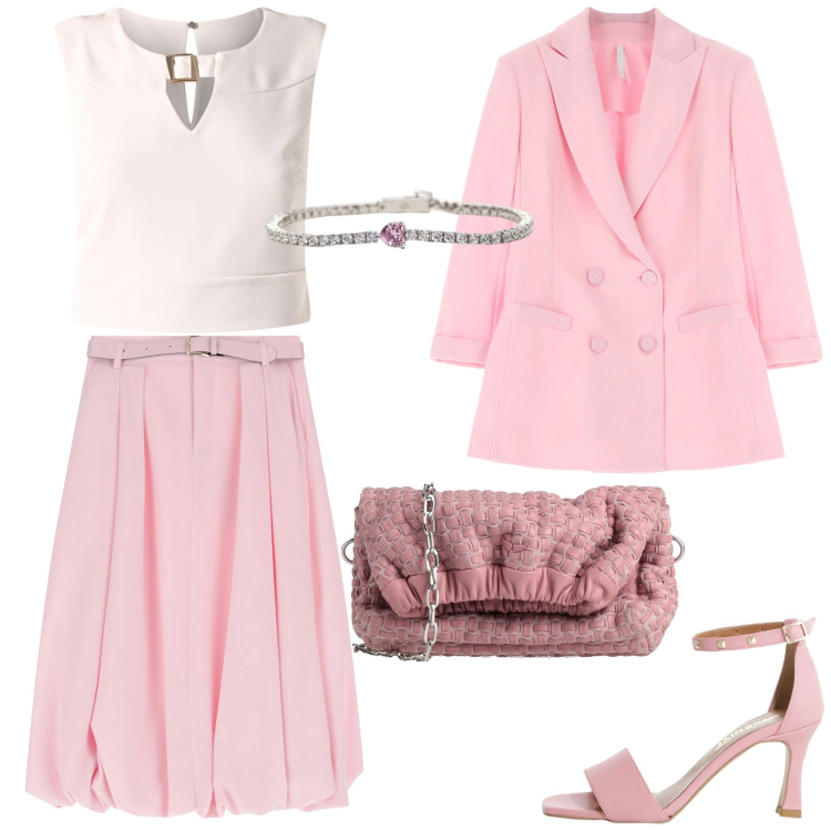 Outfit donna - Tailleur per curve eleganti. Stile Chic per Cerimonia. Abbinamento con borse a tracolla, top, braccialetti, gonne longuette, blazer, sandali col tacco.